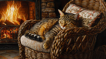 A cat is sleeping in a chair next to a fireplace