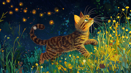 A cat is walking through a field of grass at night