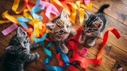 Three kittens playing with colorful ribbons on a wooden floor