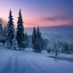Obraz premium A tranquil winter wonderland scene with a snowy road winding through a pine forest under a beautiful pastel sunset sky in the mountains