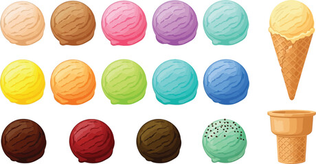 Colorful ice cream scoops and cones vector illustration set