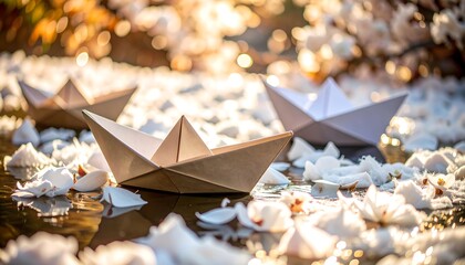 Paper Boats Floating in Water Surrounded by White Petals and Bokeh