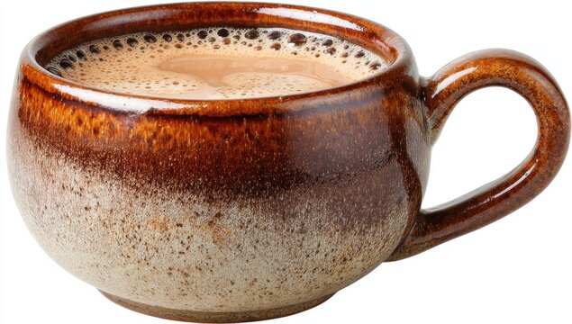 A full, rounded, brown and beige ceramic mug filled with frothy light brown coffee or cocoa