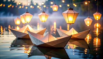 Paper Boats Floating on Water with Lanterns at Dusk