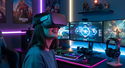 A young woman immersed in virtual reality, smiling as she explores a digital world with a gaming setup and neon lights in the background