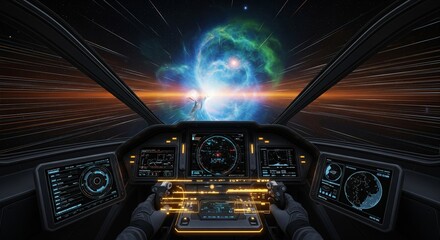First-person view from a futuristic spaceship cockpit navigating at high speed towards a vibrant blue and green nebula in deep space.
