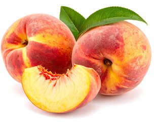 Two whole peaches and a slice, vibrant colors