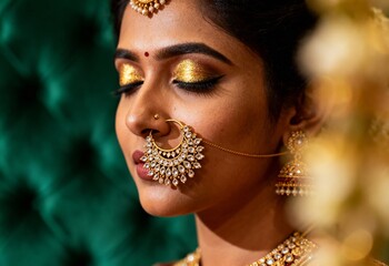 Cinematic close-up portrait of a South Indian bride with elegant gold bridal makeup and jewelry