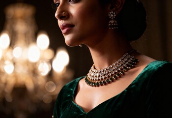 Elegant Indian Woman Wearing a Traditional Diamond Polki Necklace with Moody Cinematic Lighting