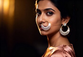 Elegant South Asian Bride with Diamond Nath and Earring in a Moody Portrait