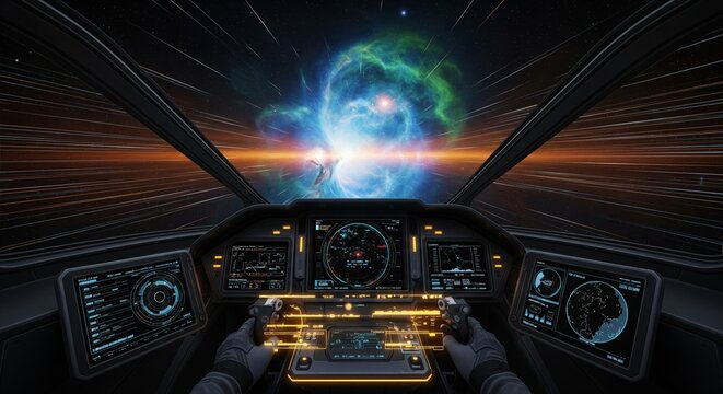 First-person view from a futuristic spaceship cockpit navigating at high speed towards a vibrant blue and green nebula in deep space.
- Powered by Adobe
