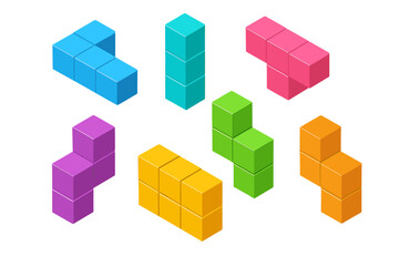 Set of colorful isometric geometric block shapes arranged in various puzzle configurations