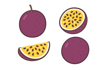 Fresh exotic passion fruit whole, halved, and quartered with seeds