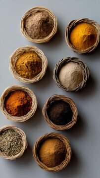 Artistic arrangement of powdered spices in small woven baskets on a clean neutral background, minimal style, bold spice colors, symmetry and contrast, modern editorial food styling 