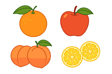 Assortment of fresh colorful fruits including orange, apple, peaches, and lemon slices