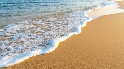 An enchanting beach landscape during sunset, characterized by gentle waves washing over a smooth shoreline. The vibrant colors of the sunset beautifully contrast with the soft textures of the sand,