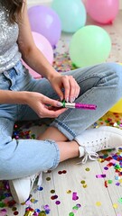 Young woman wearing casual outfit is preparing colorful party decorations with confetti and balloons scattered on the floor, creating a festive atmosphere for a celebration or event