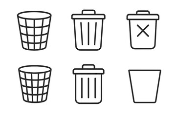 Collection of outline style trash can and wastebasket icons for digital interfaces