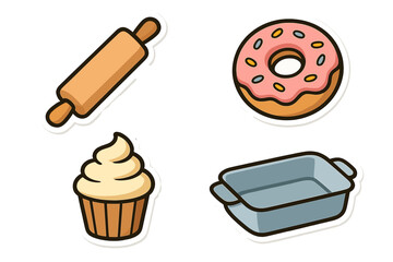 Baking tools and sweet treats including a rolling pin, donut, cupcake, and pan