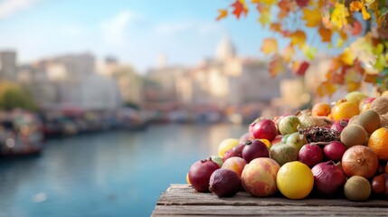 A focused view of a market stall featuring an enticing assortment of seasonal fruits and vegetables, artistically arranged to capture the eye, with a bustling market scene softly blurred in the