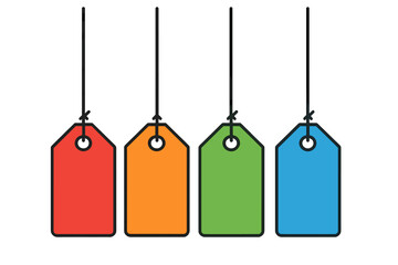Four colorful blank hanging tags for pricing, labeling, and retail promotions