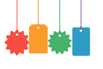 Colorful blank price tags and starburst labels hanging for retail promotions and sales