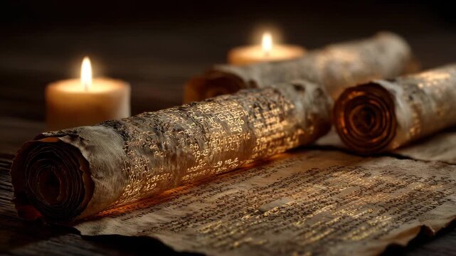 Antique golden-etched scroll with ancient script, burning candles, dark wooden table, mystical atmosphere, historic artifact, magical manuscript, illuminated text