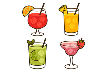 Vibrant collection of four colorful refreshing summer drinks with ice and fruit garnishes, perfect for hot weather