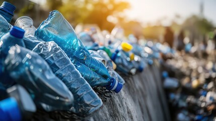 Obraz premium Pile of discarded plastic bottles overflowing onto a concrete surface under bright sunlight glare
