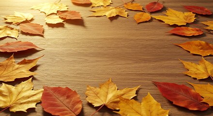 Golden Autumn Leaves on Rustic Wooden Background