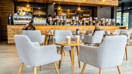 A warm and inviting coffee shop interior featuring rustic wooden furniture and plush seating. Soft amber lights cast a glow over customers savoring their drinks, creating an atmosphere of relaxation