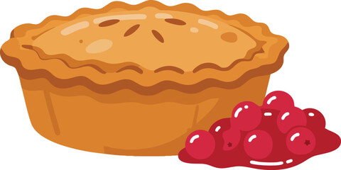 A freshly baked pie with a golden crust and a side of red berry filling on a white background.