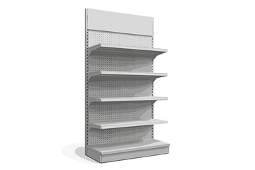 Empty retail store shelving unit with adjustable shelves and header for product display