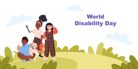 Obraz premium World disability day. Diverse children with disability, blind boy with guide dog, deaf problems, prosthetic hand, background banner, landing page, cartoon flat vector illustration. Inclusion concept.