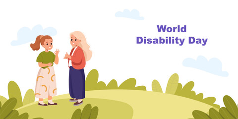 Fototapeta premium World disability day. Diverse children with disability. Girls with deaf or hearing problems using sing language background banner, landing page cartoon flat vector illustration. Inclusion concept.