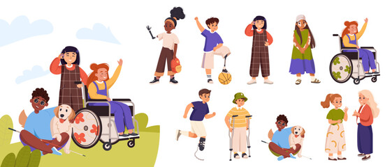 Set of diverse children with disability together. Collection inclusive kids vector cartoon flat illustration. World disability day. Girl in a wheelchair, blind boy, people with prosthesis, canes.