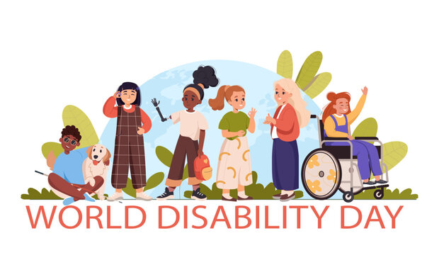 World disability day. Diverse children with disability, prosthetics, walking stick, wheelchair,  guide dog, against globe background banner or poster design, cartoon flat isolated vector illustration.