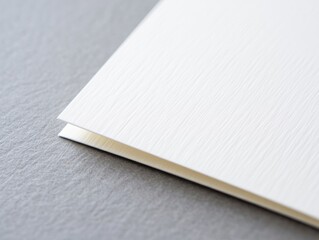 Close-up macro shot of a folded white card with a fine linen texture, resting on a dark gray slate background, ideal for stationery mockups.
