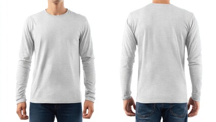 Front and back view of a heather gray long-sleeved t-shirt on a male model, isolated on white