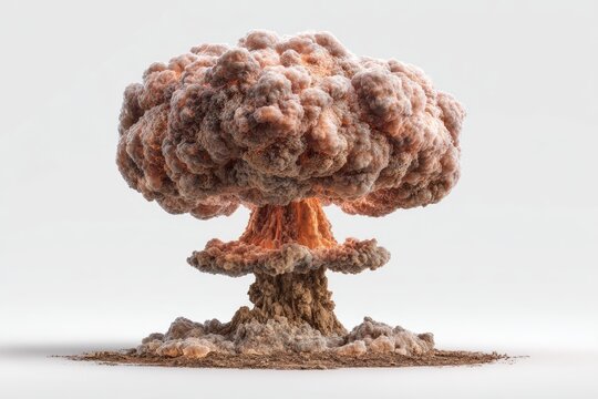 A digital rendering of a mushroom cloud nuclear explosion, depicting a fiery orange and brown plume rising from a base of brown dirt against a stark white background