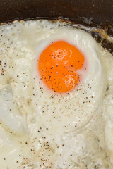 A close-up shot of a single fried egg with a bright orange yolk and sprinkled pepper in a pan