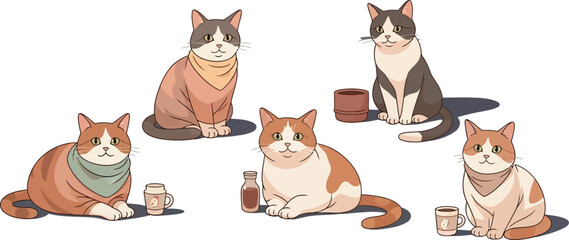 Cute cats sitting and relaxing with coffee cups vector illustration in soft colours and minimal style 