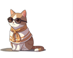 Obraz premium Cute brown and white cat wearing sunglasses and scarf sitting stylishly vector illustration 