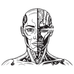 Graphic Black and White Illustration of Half Human, Half Robot Head