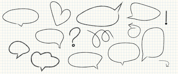 Speech bubble text frame dialog cloud hand drawn set. Doodled crayon dialog box collection. Sketched textured comic talk frames. Round, square or rectangle balloon text box bundle. 