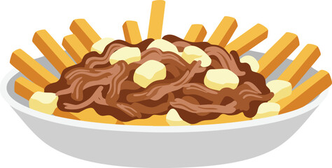 An illustration of a classic Canadian poutine dish with golden french fries, cheese curds, and rich brown gravy served in a white bowl.
