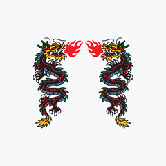 Mirror Image Dual Dragons Head-to-Head Spitting Fire Vector Illustration
