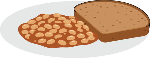 A plate of baked beans with a slice of brown bread, presented in a simple, illustrative style.