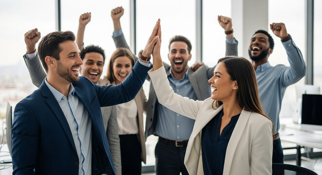 A diverse group of business professionals celebrating a success with a high five, showcasing teamwork, achievement, and a positive work environment