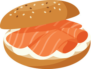 Bagel with cream cheese and salmon, sesame seeds.